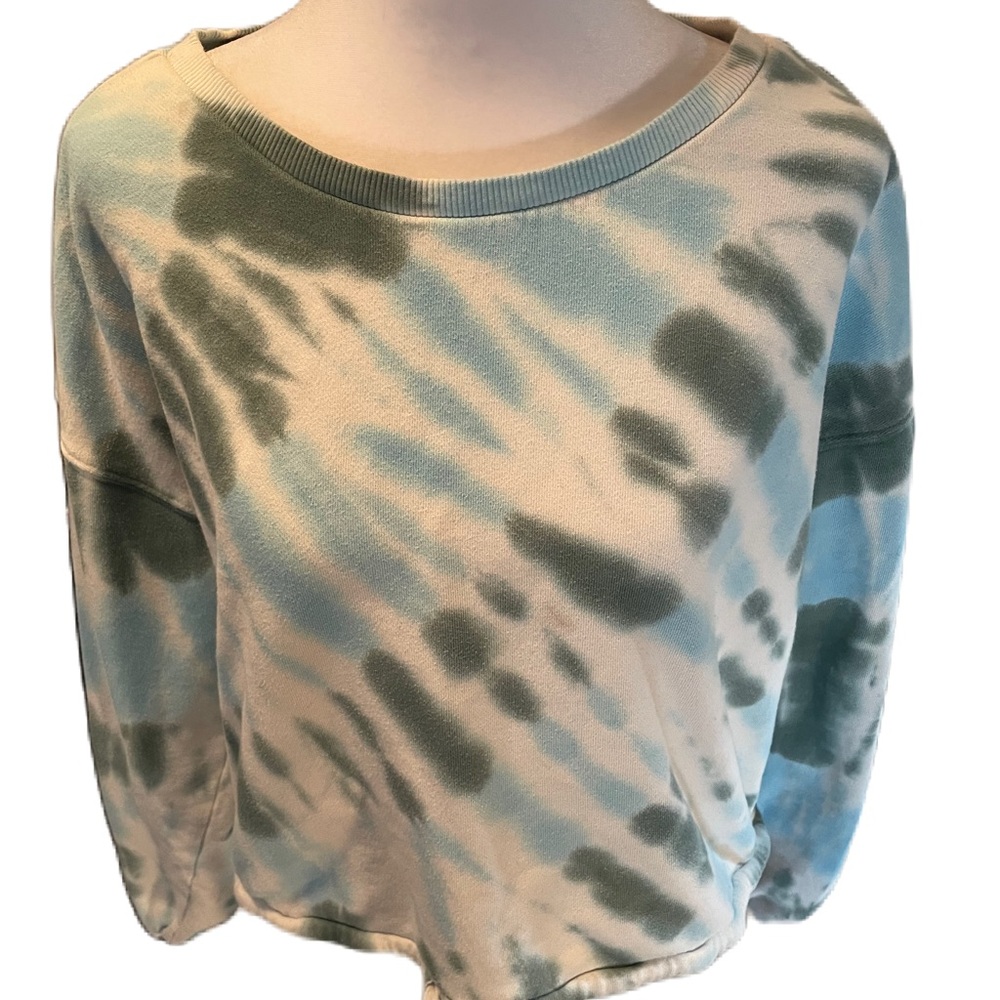 Lucky Brand Blue, White & Green Tie Dyed Cropped Long Sleeve Sweatshirt Large